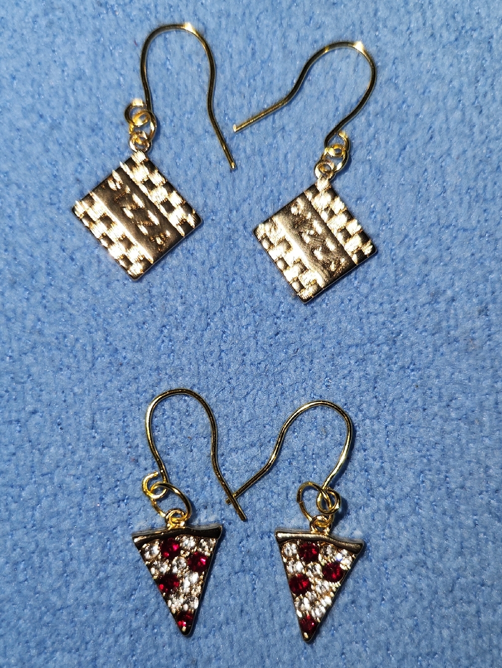 2 New Pairs Of Upcycled Gold-Tone Pizza Themed Dangle Earrings with Crystals